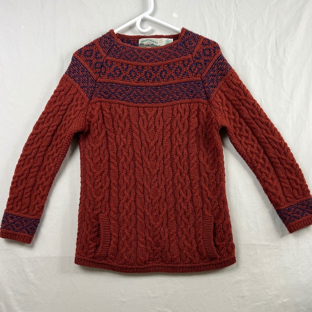 Aran Crafts Merino Wool Sweater Womens S Rust Fair Isle Cable Knit Ireland
